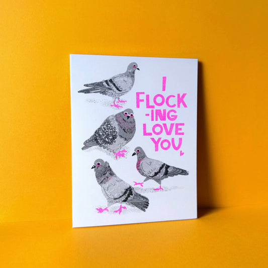 Flocking Love You Pigeon Risograph Greeting Card
