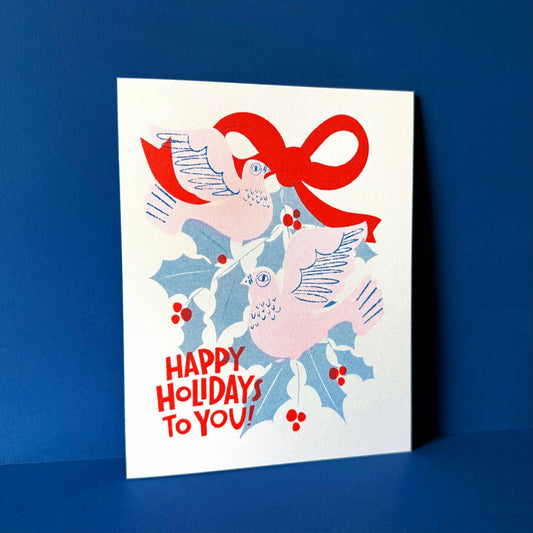 Happy Holidays Neon Doves - Risograph Christmas Holiday