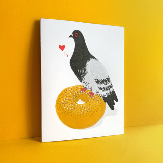 Bagel Love Risograph Pigeon Love Card