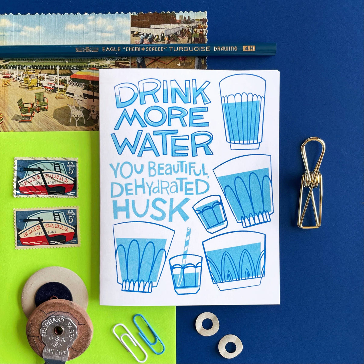 Drink More Water! - Fun Risograph Greeting Card
