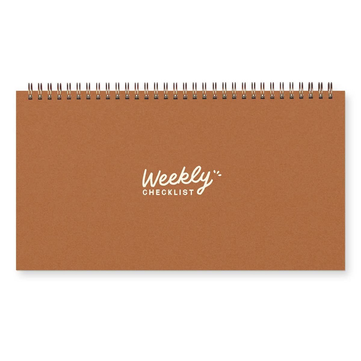 A brown weekly checklist desk calendar with a spiral binding at the top and 'Weekly Checklist' printed in white on the front, shown on a white background.