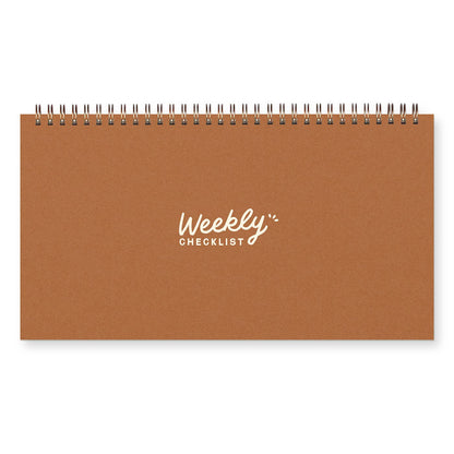 A brown weekly checklist desk calendar with a spiral binding at the top and 'Weekly Checklist' printed in white on the front, shown on a white background.