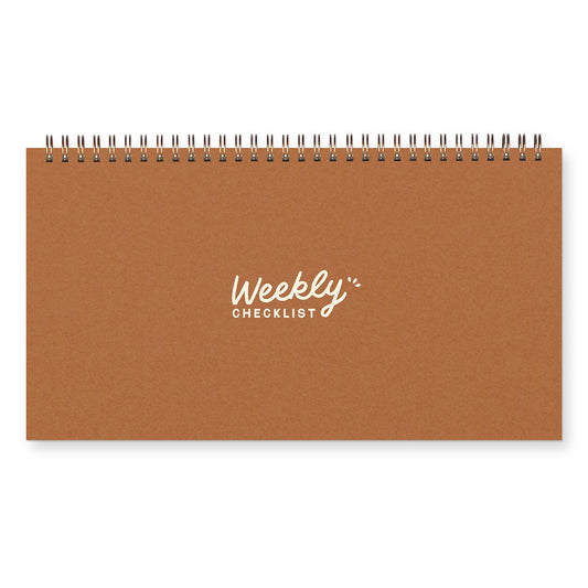A brown weekly checklist desk calendar with a spiral binding at the top and 'Weekly Checklist' printed in white on the front, shown on a white background.