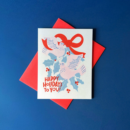 Happy Holidays Neon Doves - Risograph Christmas Holiday