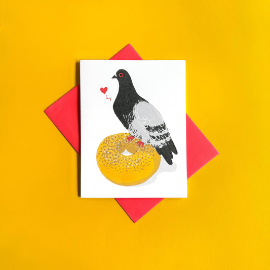 Bagel Love Risograph Pigeon Love Card
