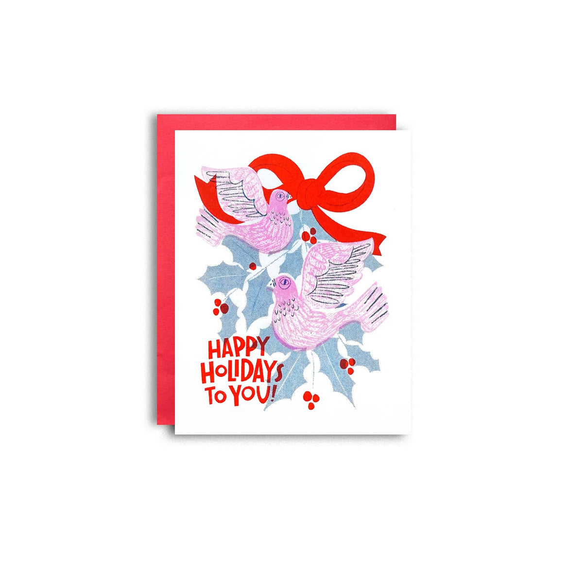 Happy Holidays Neon Doves - Risograph Christmas Holiday